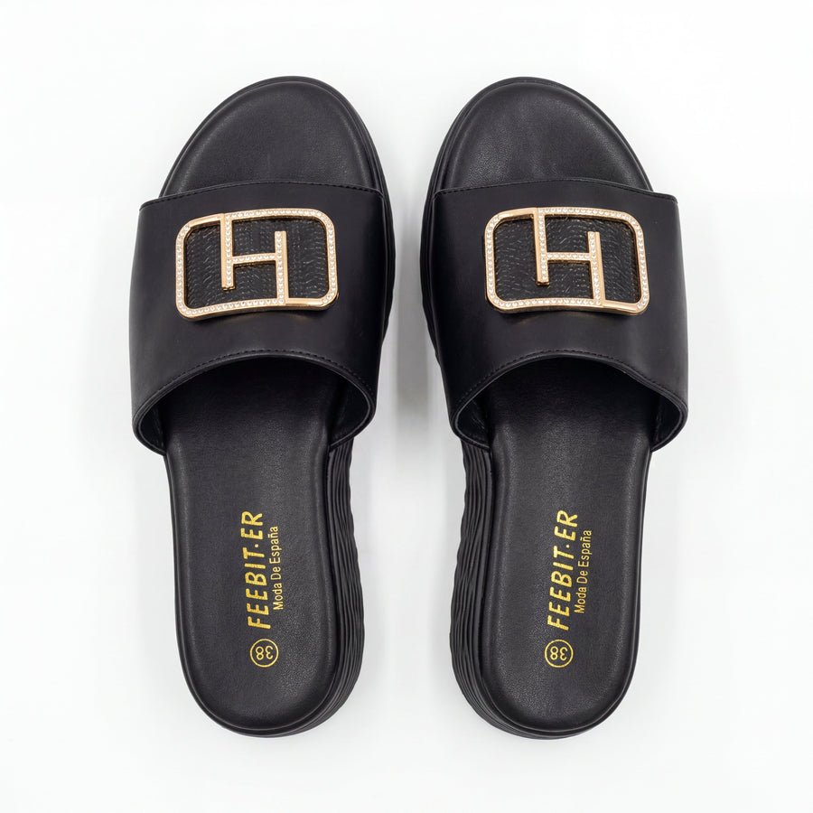 Sandales Femme FEEBIT.ER – Noires à Boucle Strass Dorée – Importées d'Espagne 🇪🇸