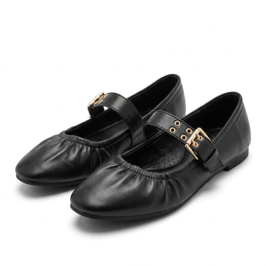Women's Mary Jane Ballet Flats with Gold Buckle – Black