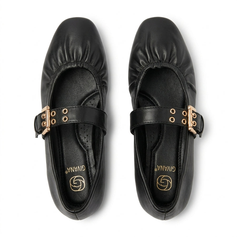 Women's Mary Jane Ballet Flats with Gold Buckle – Black