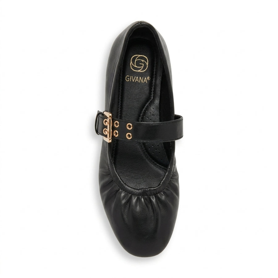 Women's Mary Jane Ballet Flats with Gold Buckle – Black