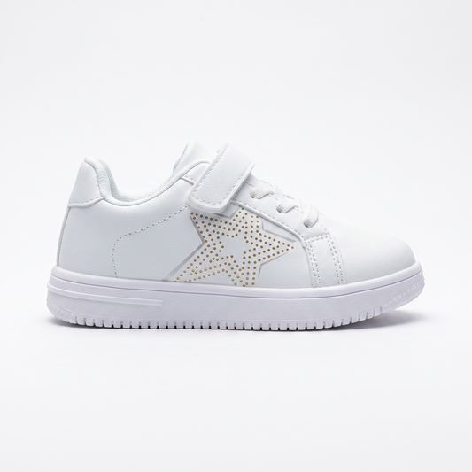Baskets enfant LED étoile court blanc importées d’Espagne – vue de profil latéral, étoile à points dorés sans LED allumée, style épuré – BOMBAS Maroc, paiement à la livraison