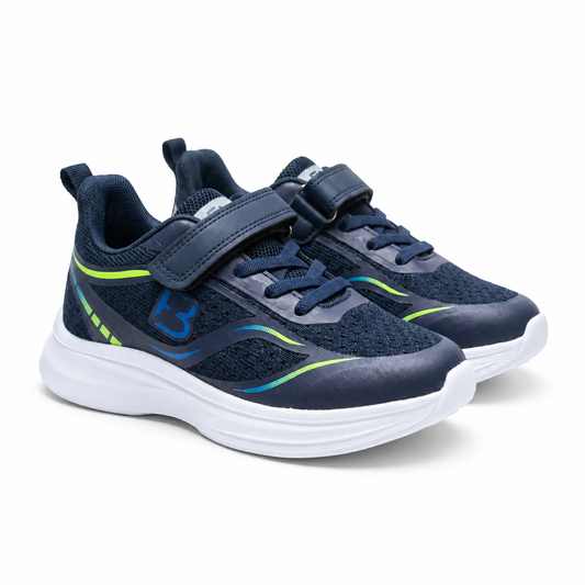 Baskets enfant running memory bleu marine vert fluo sur fond blanc – Maroc