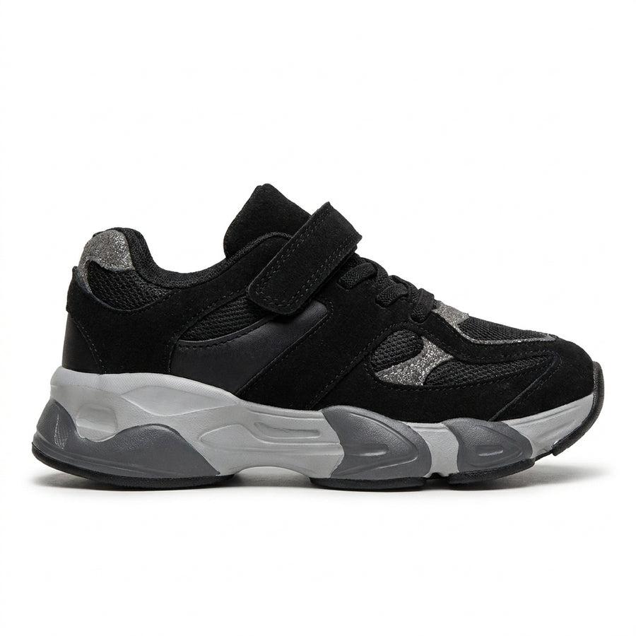 Baskets Running Enfant à Scratch – Noir & Gris Pailleté
