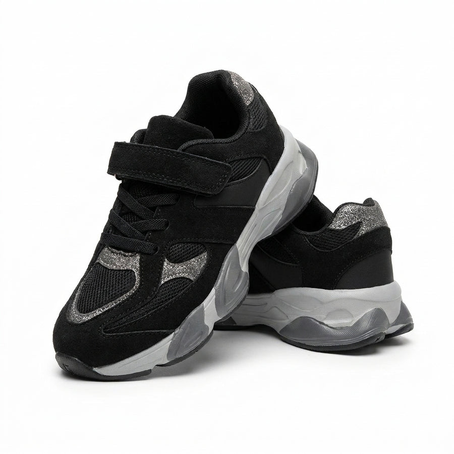 Baskets Running Enfant à Scratch – Noir & Gris Pailleté