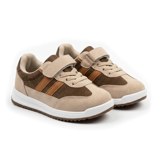 Paire de baskets enfant unisexes à scratch beige et marron, bandes camel – BOMBAS Maroc