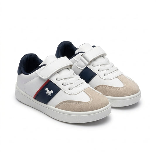 Paire de baskets enfant unisexes blanc beige et marine à scratch et lacets – BOMBAS Maroc