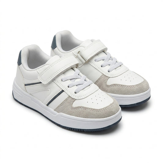 Paire de baskets garçon blanc, gris et bleu marine à scratch et lacets – BOMBAS Maroc