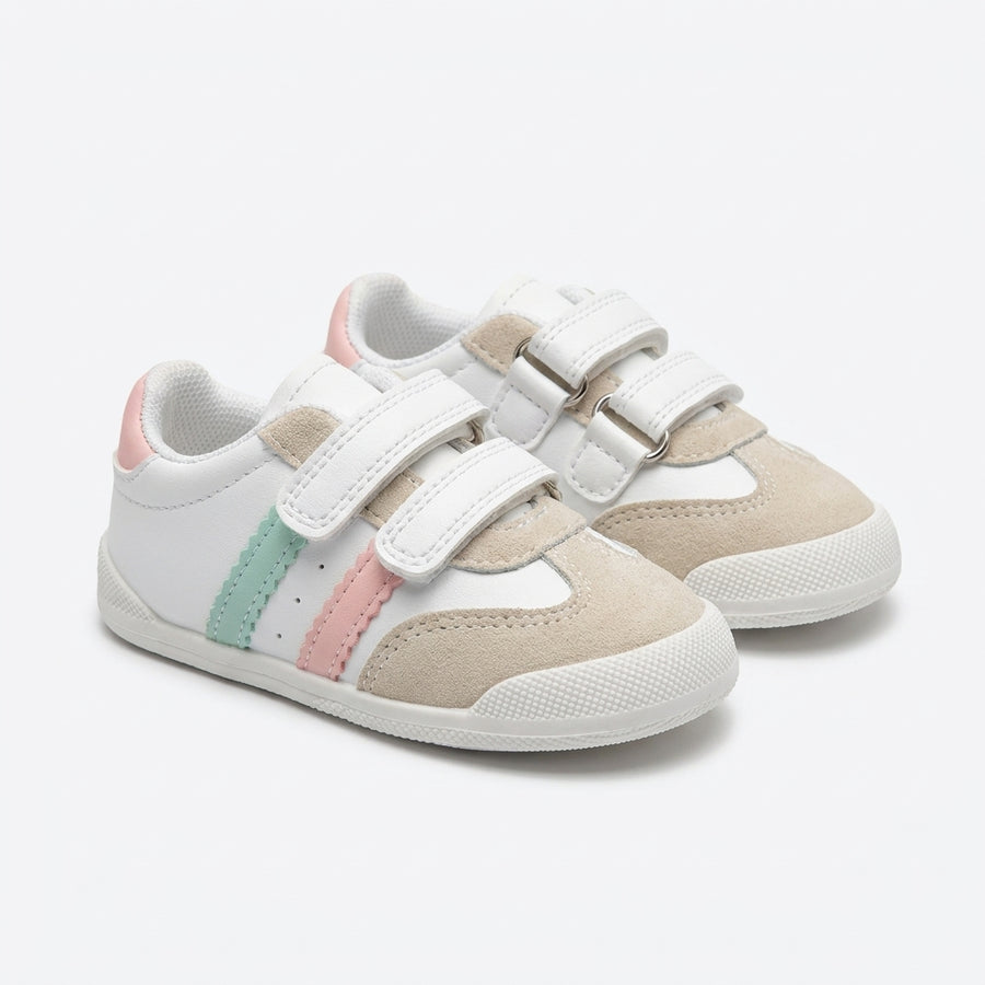Baskets Enfant à Double Scratch – Importées d’Espagne 🇪🇸 – Blanc & Rose