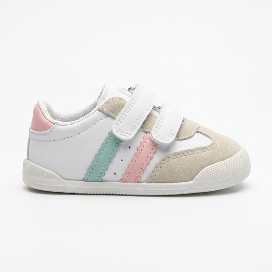 Basket enfant à scratch importée d’Espagne blanc beige et rose – vue de profil