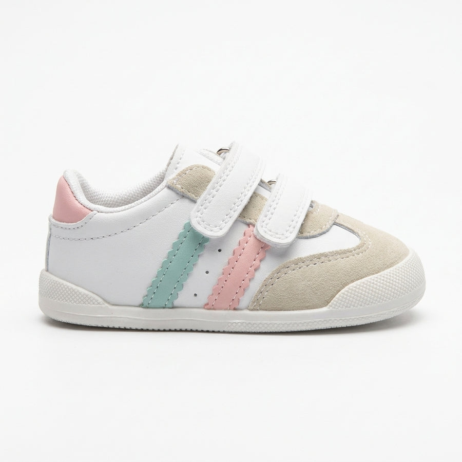 Baskets Enfant à Double Scratch – Importées d’Espagne 🇪🇸 – Blanc & Rose