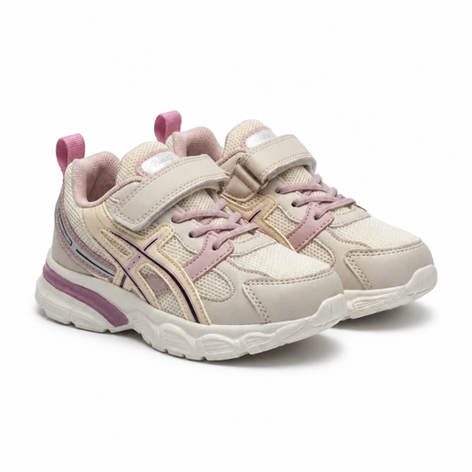 Baskets fille beige et rose importées d'Espagne – vue 3/4 sur fond blanc – pointures 25 au 36 – BOMBAS Maroc, livraison à domicile (COD)