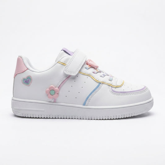 Basket fille Bubble Kids blanche à scratch avec cœur et fleur pastel – vue de profil