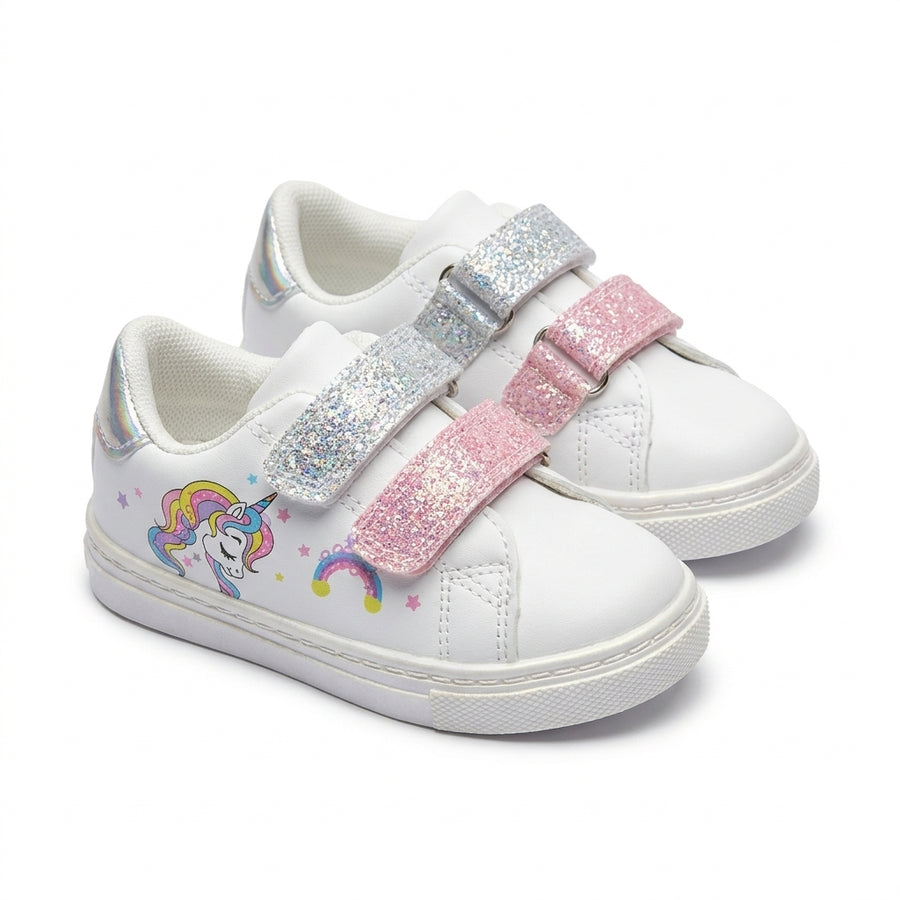 Baskets Fille Licorne Scratch – Bubble Kids – Importées d’Espagne 🇪🇸 – Blanc, Rose & Argenté
