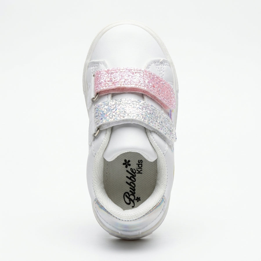Baskets Fille Licorne Scratch – Bubble Kids – Importées d’Espagne 🇪🇸 – Blanc, Rose & Argenté