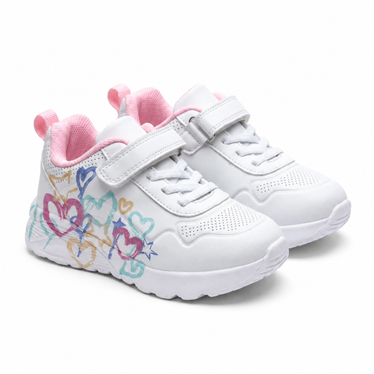 Baskets fille chunky blanches à imprimé cœurs et étoiles pailleté importées d’Espagne – vue 3/4 sur fond blanc – scratch et lacets, doublure rose – pointures 25 au 36 – BOMBAS Maroc, livraison à domicile (COD)
