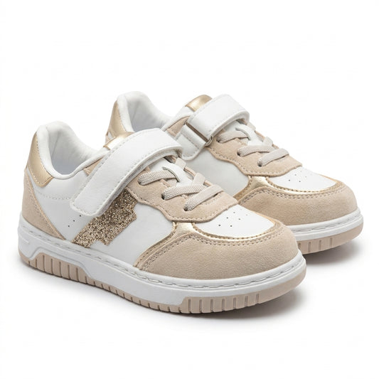 Baskets fille blanches à éclair pailleté doré et suédine beige, paire vue trois-quarts – Bombas Maroc