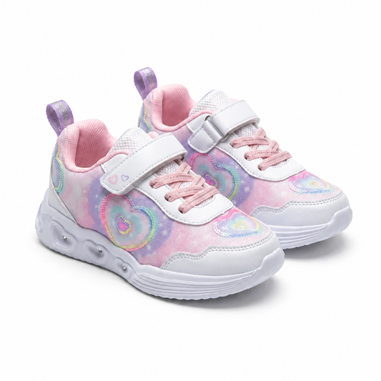Baskets fille LED lumineuses importées d’Espagne – vue de dessus rapprochée sur le motif tie-dye galaxie et les cœurs en sequins – BOMBAS Maroc