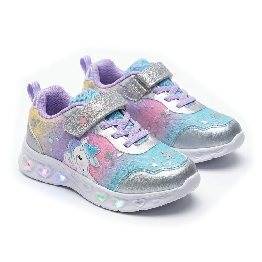 Baskets Fille Lumineuses LED Licorne à Scratch – Argent & Pastel