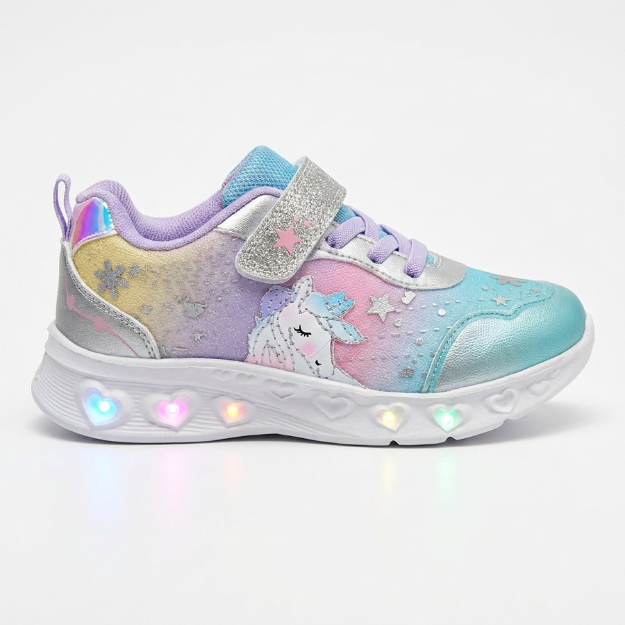 Baskets Fille Lumineuses LED Licorne à Scratch – Argent & Pastel