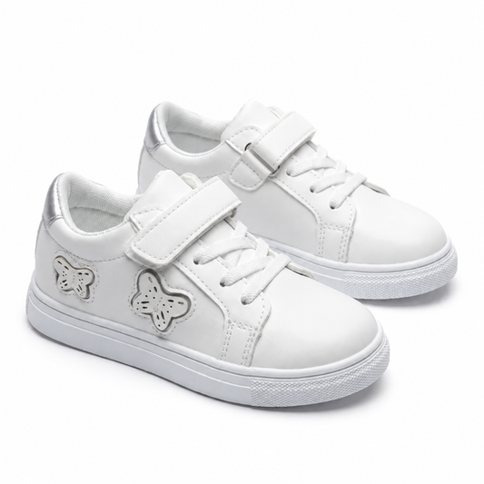 Baskets fille blanches à papillons argentés et scratch – paire vue 3/4