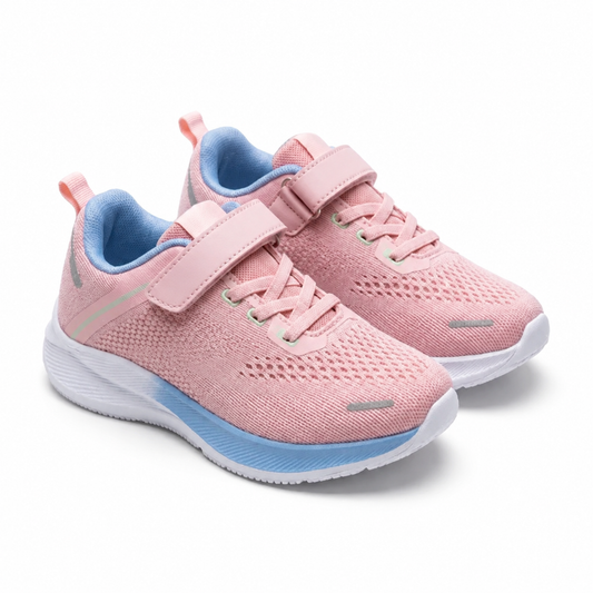 Baskets fille running roses en maille tricotée importées d’Espagne – vue 3/4 sur fond blanc – scratch et lacets élastiques, amorti bleu ciel – pointures 33 au 38 – BOMBAS Maroc, livraison à domicile (COD)