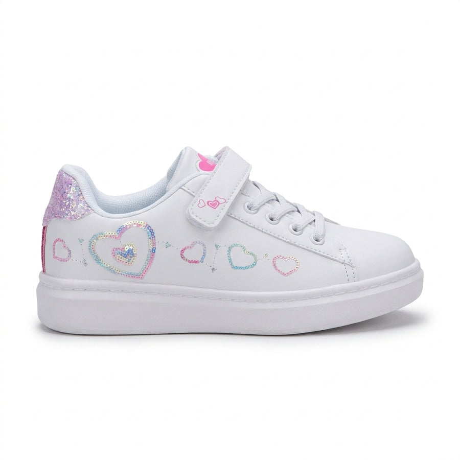 Baskets Fille à Scratch Cœurs Sequins –  Rose Pailleté & Blanc