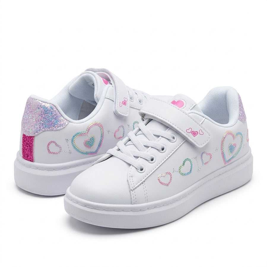 Baskets Fille à Scratch Cœurs Sequins –  Rose Pailleté & Blanc