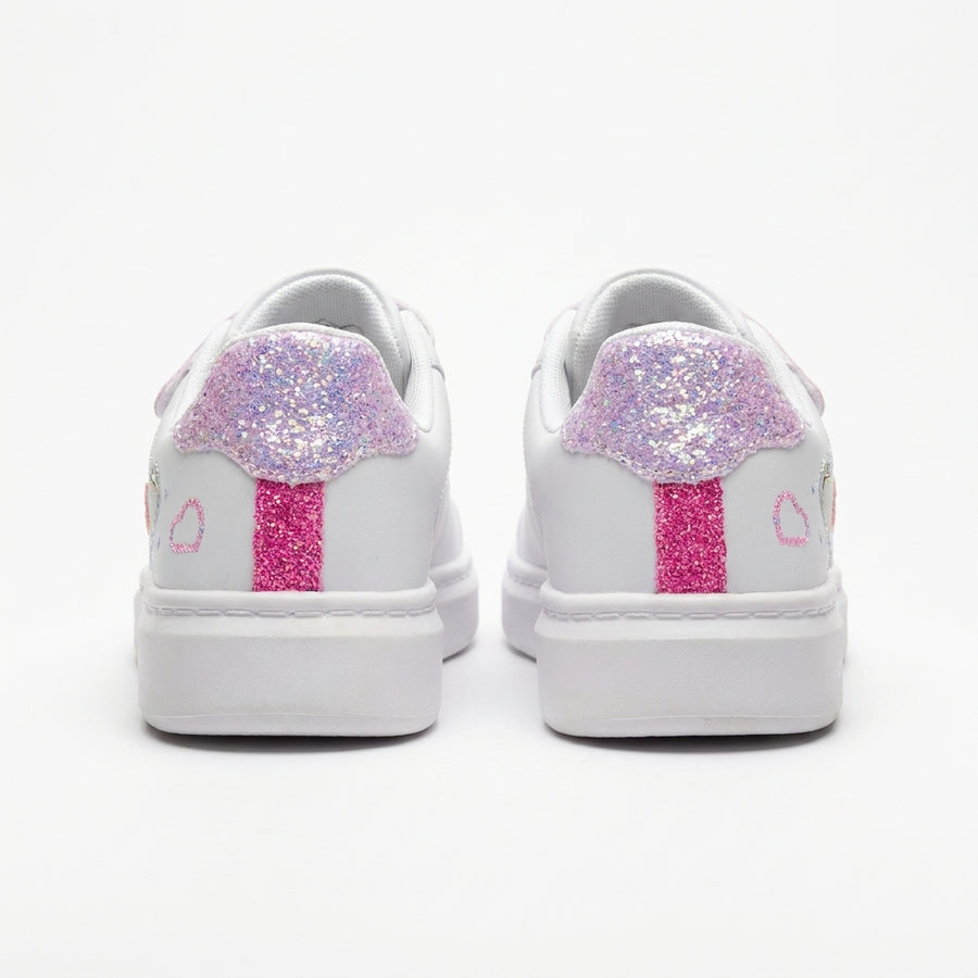 Baskets Fille à Scratch Cœurs Sequins –  Rose Pailleté & Blanc