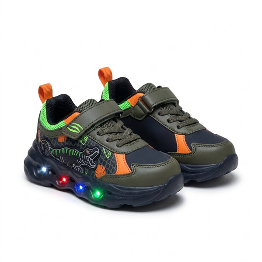 Paire de baskets garçon lumineuses LED à scratch, motif dinosaure kaki, noir et orange – BOMBAS Maroc