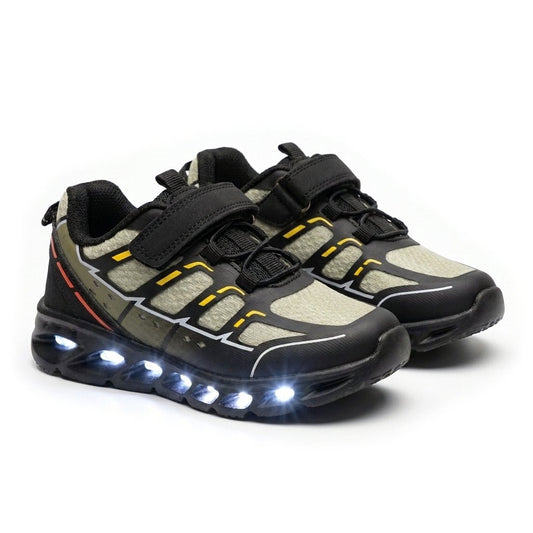 Paire de baskets garçon lumineuses LED à scratch noir et kaki – BOMBAS Maroc