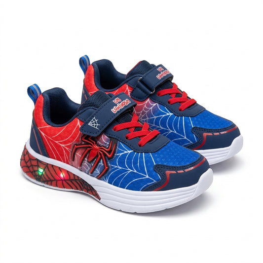 Paire de baskets garçon lumineuses LED à scratch, motif araignée rouge et bleu – BOMBAS Maroc