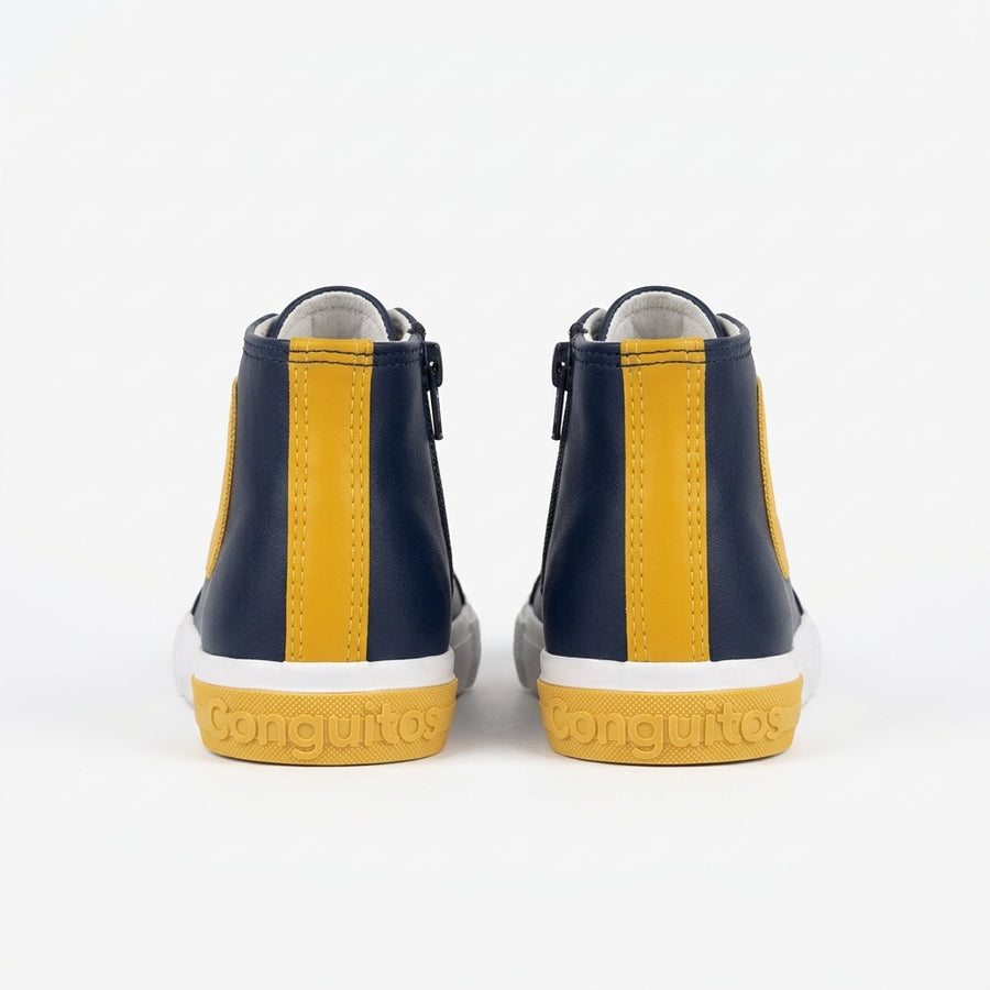 Baskets Montantes Enfant Conguitos à Lacets & Zip – Importées d’Espagne 🇪🇸 – Bleu Marine & Jaune