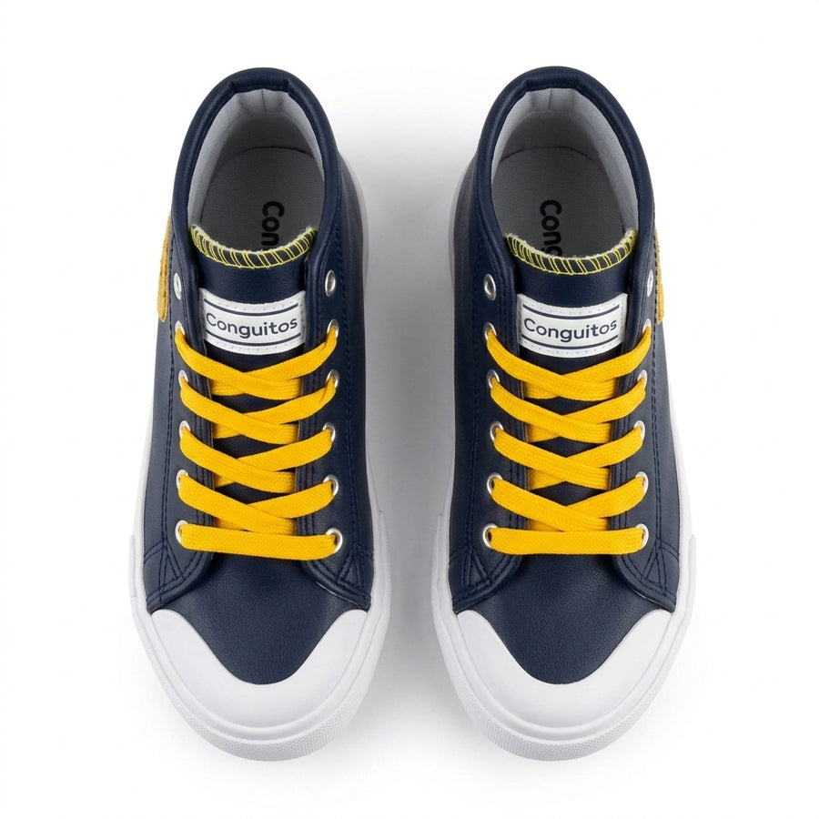 Baskets Montantes Enfant Conguitos à Lacets & Zip – Importées d’Espagne 🇪🇸 – Bleu Marine & Jaune
