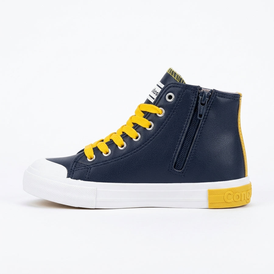 Baskets Montantes Enfant Conguitos à Lacets & Zip – Importées d’Espagne 🇪🇸 – Bleu Marine & Jaune