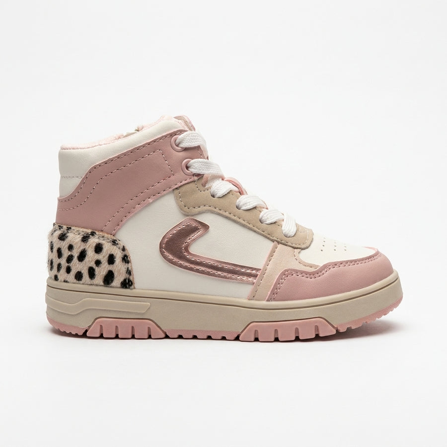 Baskets Montantes Fille à Zip – Léopard, Blanc & Rose