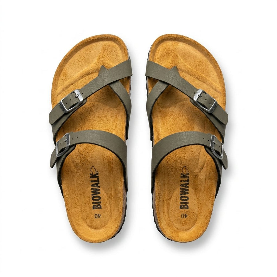 Sandales Biowalk pour Femme – Kaki Semelle Liège – Made in Spain 🇪🇸