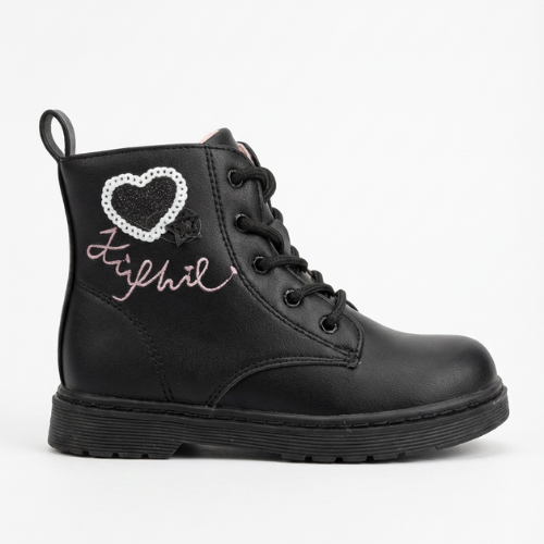 Bottines Fille Noires Cœur Brodé