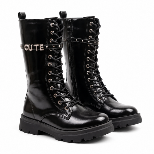Bottes fille combat chic cuir noir vue 1 – Bombas Maroc