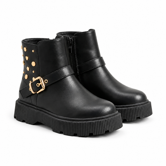 Bottines Fille Noir Boucle & Clous Dorés – Bombas Maroc