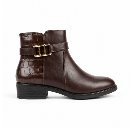 Bottine femme marron vue de profil, bride boucle dorée et talon bloc – livraison partout au Maroc