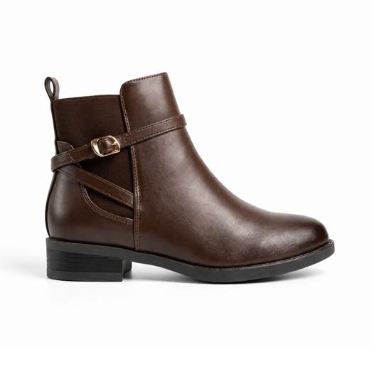 Bottine femme Chelsea marron chocolat vue de profil, bride croisée et boucle dorée – Bombas Maroc