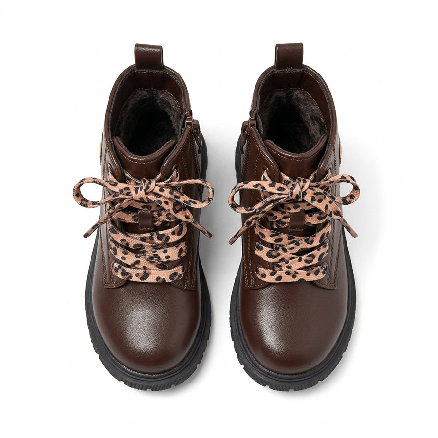 Bottines Bébé Fille à Lacets & Zip – Marron & Léopard