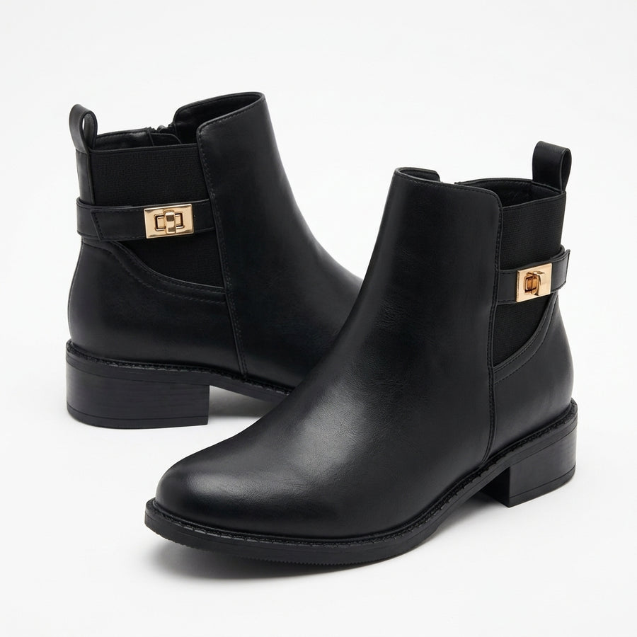 Bottines Chelsea Femme Fermoir Doré – Noir