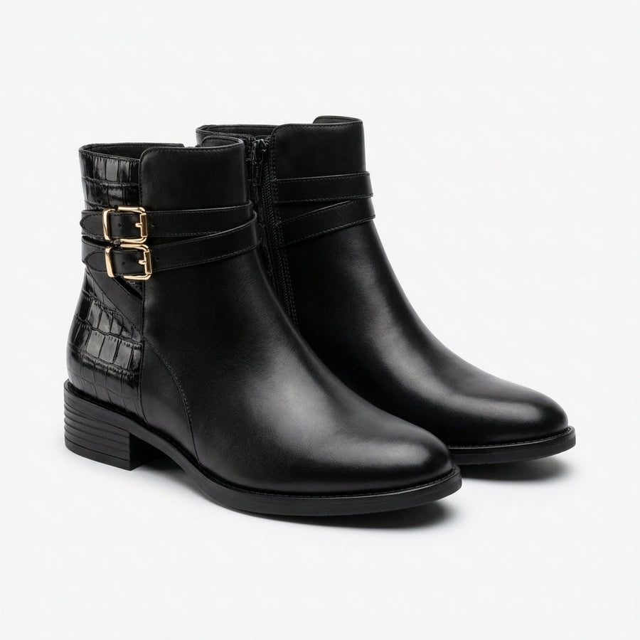 Bottines Femme Boucle Dorée Effet Croco – Noir