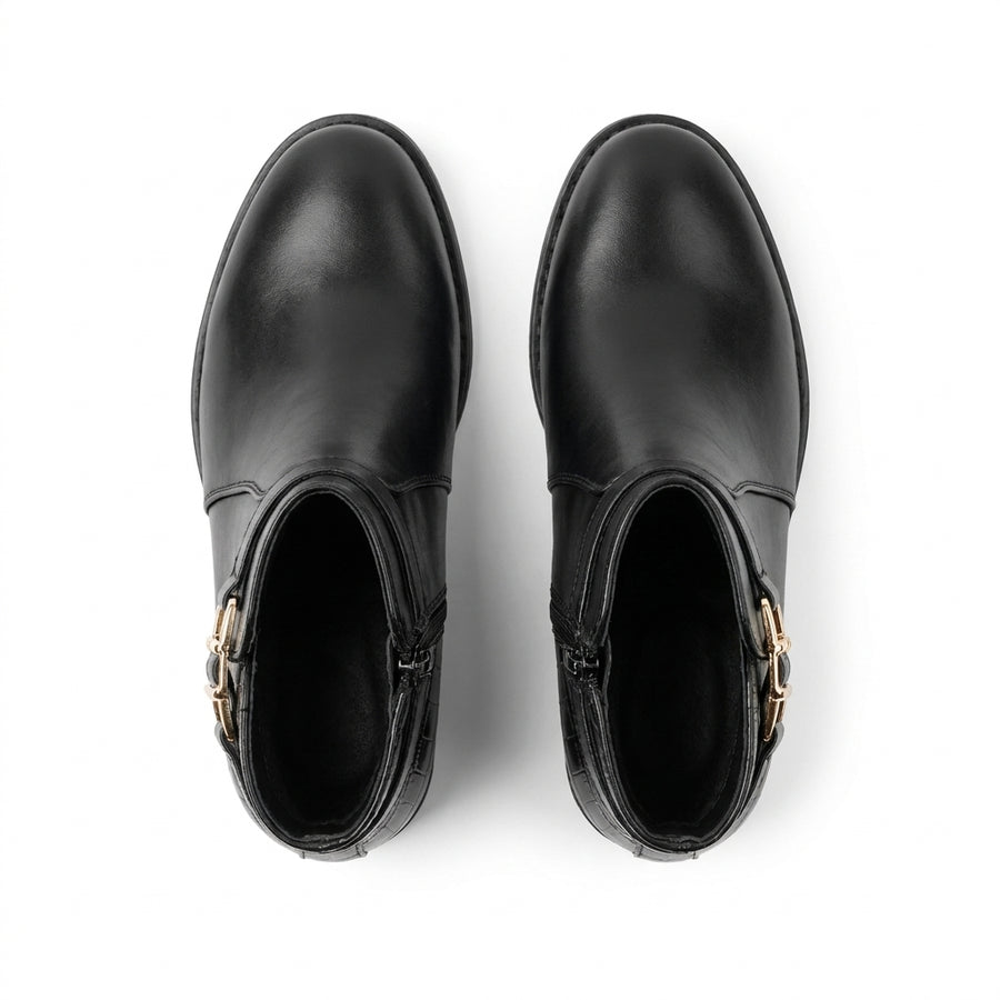 Bottines Femme Boucle Dorée Effet Croco – Noir