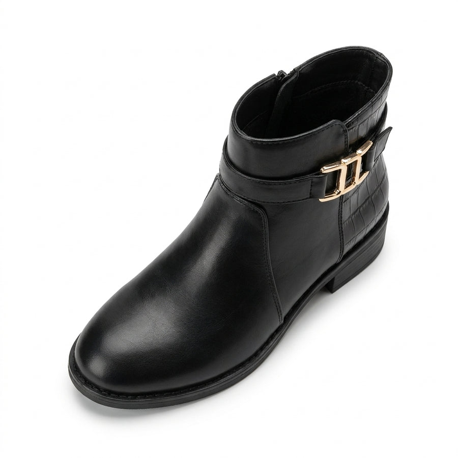 Bottines Femme Boucle Dorée Effet Croco – Noir