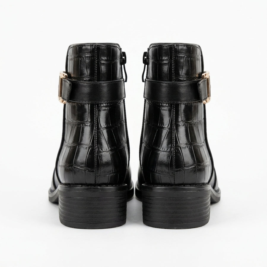 Bottines Femme Boucle Dorée Effet Croco – Noir