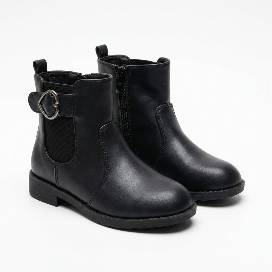 Bottines Fille Chelsea Noires Boucle Cœur – Zip Latéral & Élastiques