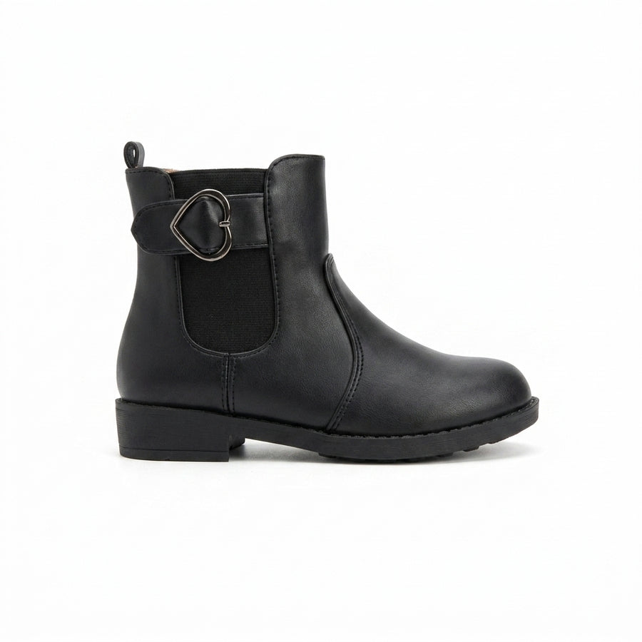 Bottines Fille Chelsea Noires Boucle Cœur – Zip Latéral & Élastiques