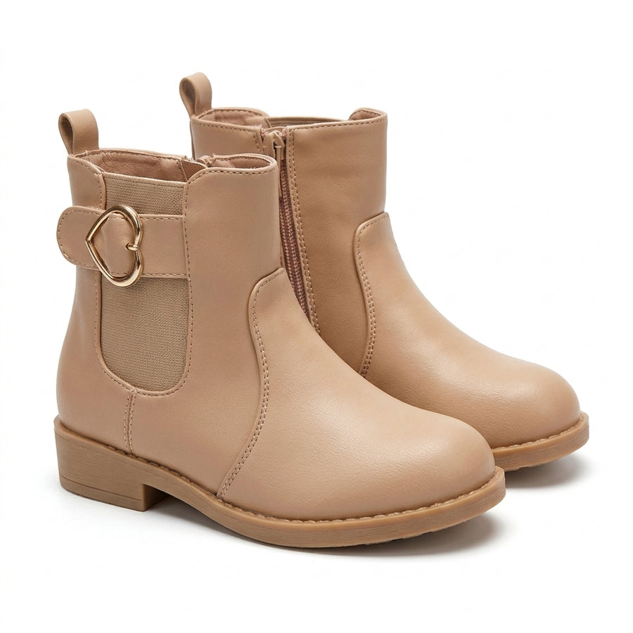 Bottines Fille Chelsea Boucle Cœur – Taupe – Zip Latéral & Élastiques